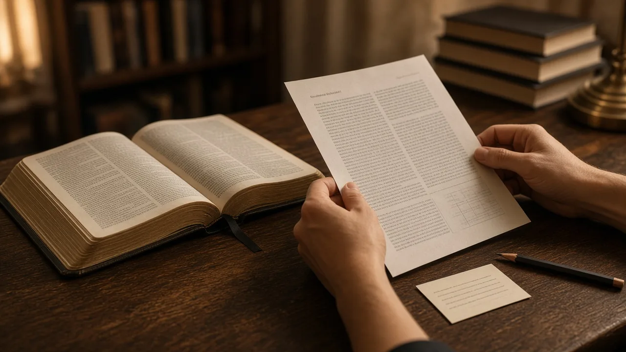 A student arranges an open Bible and a printed paper on a wooden desk while preparing a Bible citation