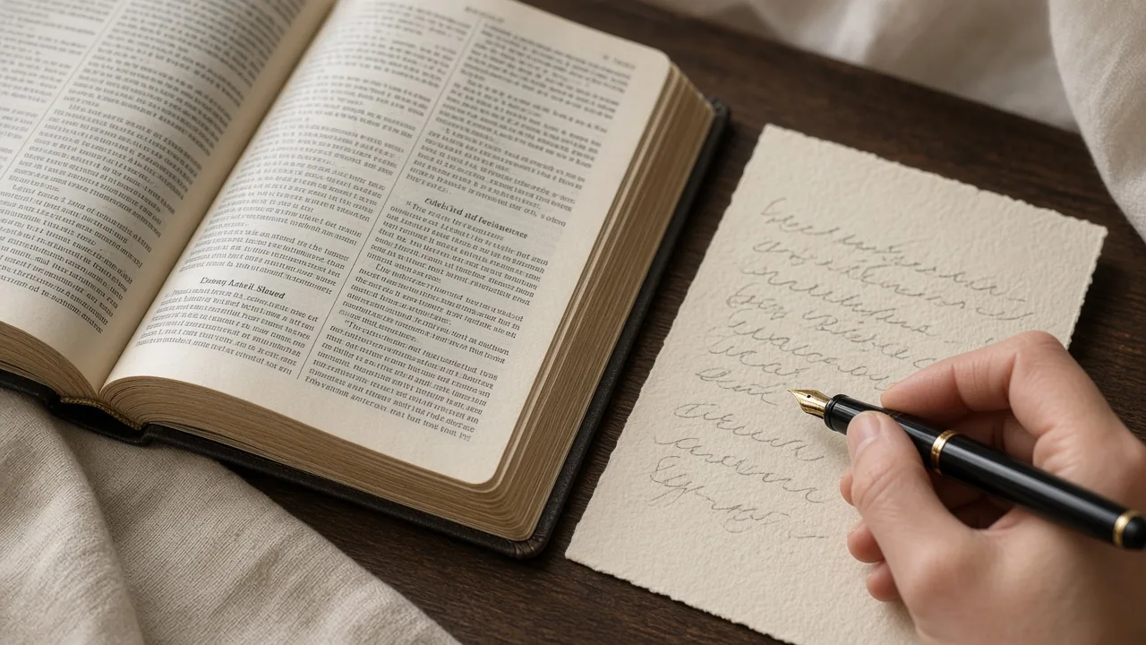 A hand holds a pen over an open Bible and a note card while checking a scripture citation