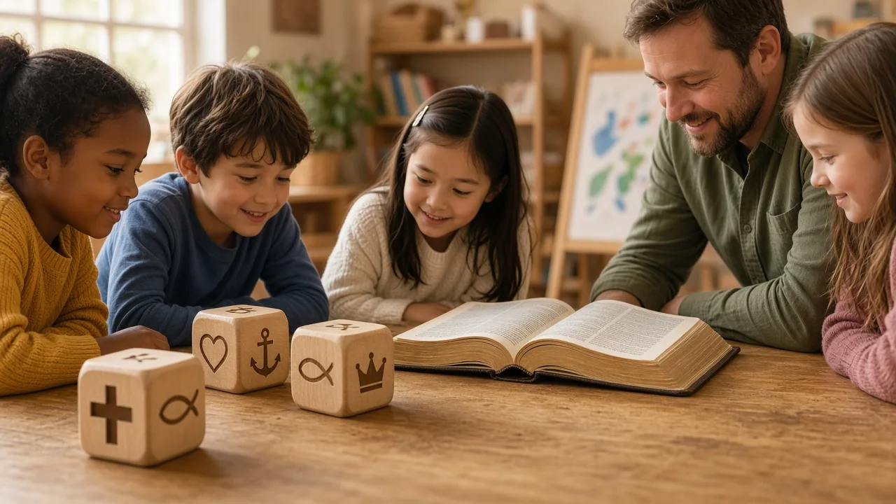 Children and an adult look at wooden dice and an open Bible on a Sunday school table